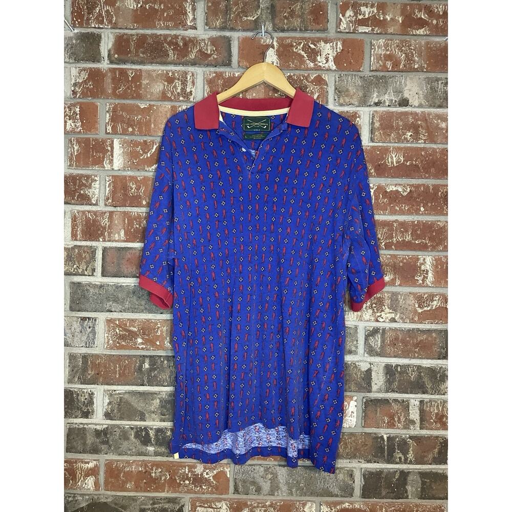 Vintage Golf Print Short Sleeve Polo Shirt Mens Large 100% Cotton Preppy Classic